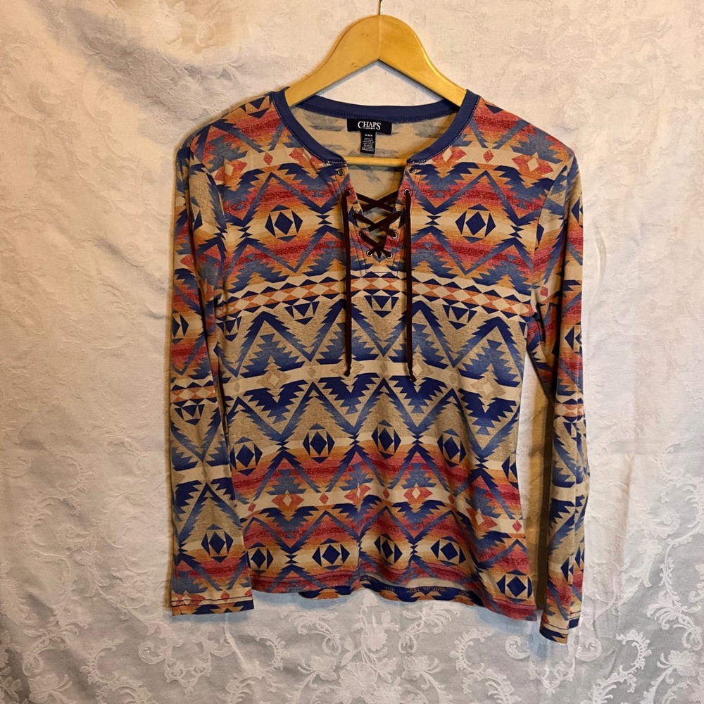 Chaps Southwestern Aztec Western Print Lace Up Long Sleeve Top M Boho Bohemian